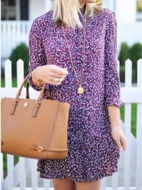 Tory Burch 100% Silk Burgundy and Blue Confetti Flounce Hem Mini Shirt Dress